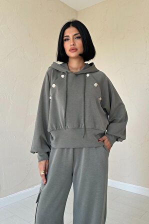 TUA MODA Haki Kapüşonlu Sweatshirt Ve Kargo Pantolon Takım