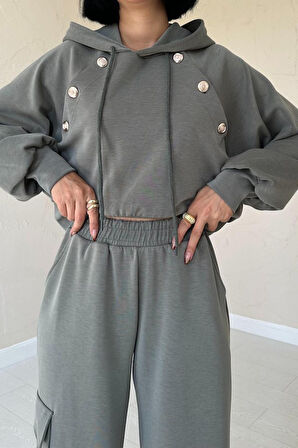 TUA MODA Haki Kapüşonlu Sweatshirt Ve Kargo Pantolon Takım