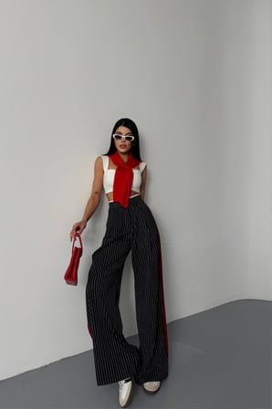 TUA MODA ÇİZGİLİ YANLAR ŞERİT DETAYLI PANTOLON - Lacivert