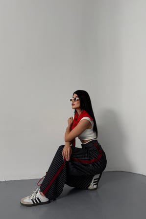 TUA MODA ÇİZGİLİ YANLAR ŞERİT DETAYLI PANTOLON - Lacivert