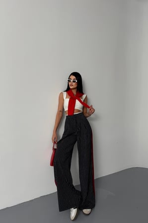 TUA MODA ÇİZGİLİ YANLAR ŞERİT DETAYLI PANTOLON - Lacivert