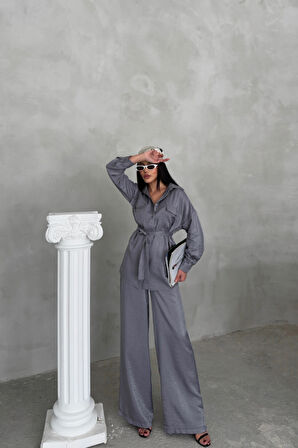 TUA MODA SİMLİ KUMAŞ SALAŞ PANTOLON - GÖMLEK TAKIM - Gri