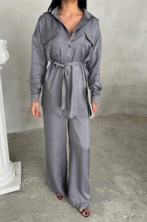 TUA MODA SİMLİ KUMAŞ SALAŞ PANTOLON - GÖMLEK TAKIM - Gri