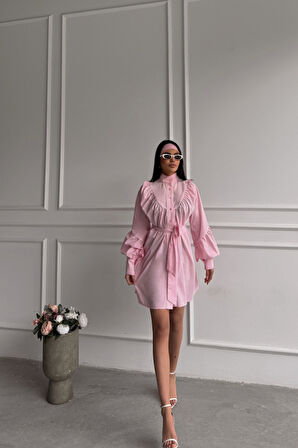 TUA MODA ÖNDEN DÜĞMELİ POPLİN KLOŞ ELBİSE BAĞLAMA KEMER DETAYLI - Pembe