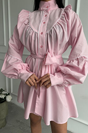 TUA MODA ÖNDEN DÜĞMELİ POPLİN KLOŞ ELBİSE BAĞLAMA KEMER DETAYLI - Pembe