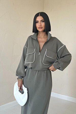 TUA MODA Haki Biyeli Sweatshirt Ve Etek Takım