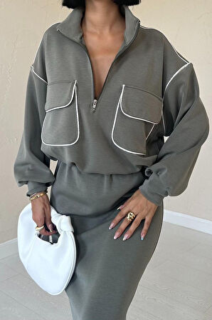 TUA MODA Haki Biyeli Sweatshirt Ve Etek Takım