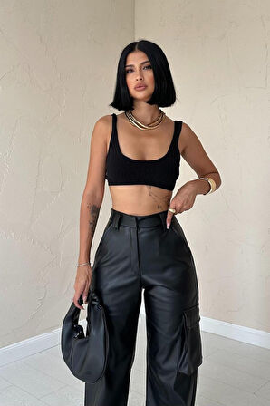 TUA MODA Siyah Yanlardan Cepli Deri Pantolon