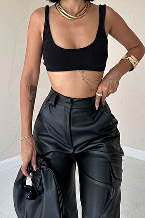 TUA MODA Siyah Yanlardan Cepli Deri Pantolon