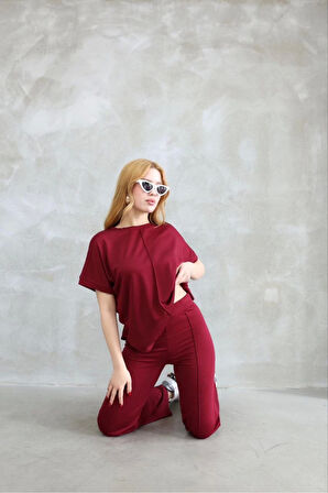 TUA MODA Osy Modal Yumuşak Dokulu Kumaş Bisiklet Yaka Kısa Kollu Takım - Bordo