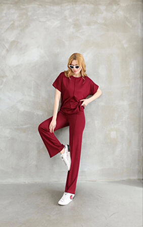 TUA MODA Osy Modal Yumuşak Dokulu Kumaş Bisiklet Yaka Kısa Kollu Takım - Bordo