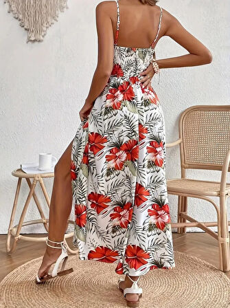 TUA MODA Kadın Ip Askılı V Yakalı Bel Güpür çiçek Desenli Yandan Yırtmaçlı Maksi Süprem Elbise