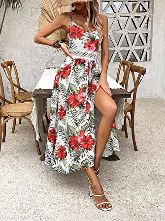TUA MODA Kadın Ip Askılı V Yakalı Bel Güpür çiçek Desenli Yandan Yırtmaçlı Maksi Süprem Elbise