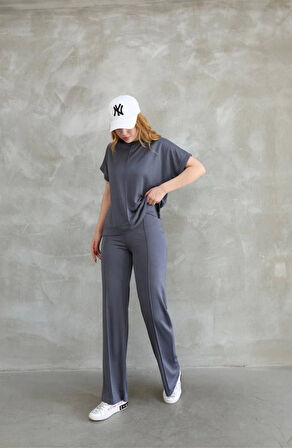 TUA MODA Osy Modal Yumuşak Dokulu Kumaş Bisiklet Yaka Kısa Kollu Takım - Füme