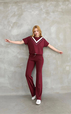 TUA MODA Osy Modal Yumuşak Dokulu Kumaş Bisiklet Yaka Parçalı Detaylı Kısa Kollu Takım - Bordo