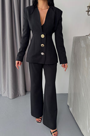 TUA MODA TASARIM CEKET-PANTOLON TAKIM METAL DÜĞME DETAYLI - Siyah