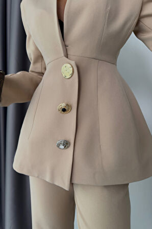 TUA MODA TASARIM CEKET-PANTOLON TAKIM METAL DÜĞME DETAYLI - Bej