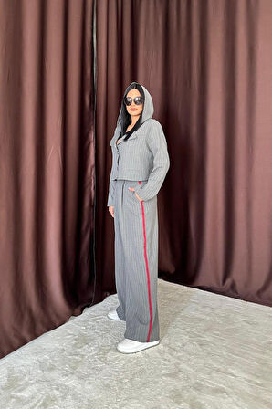 TUA MODA Gri Yanlardan Şeritli Garnili Pantolon