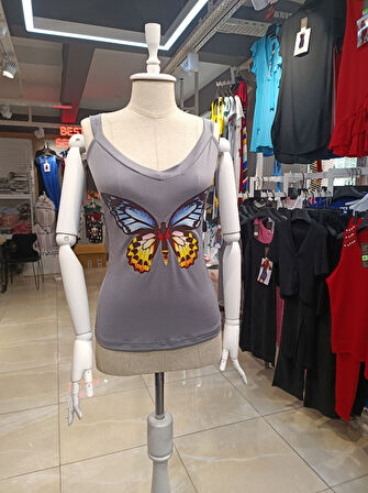 TUA MODA Kadın Kelebek Baskılı Sandy Kumaş Askılı Bluz