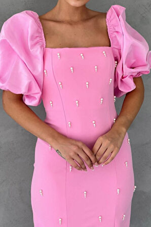 TUA MODA Pembe İşlemeli Kolu Garnili Elbise