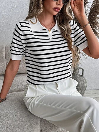 TUA MODA Kadın Kısa Kol Polo Yaka çizgi Desen Triko Bluz