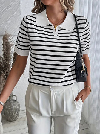 TUA MODA Kadın Kısa Kol Polo Yaka çizgi Desen Triko Bluz