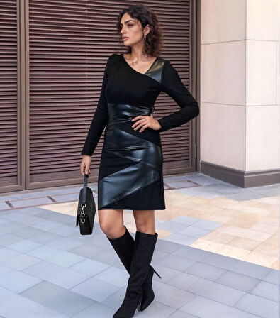 TUA MODA Kadın Uzun Kollu Asimetrik Yaka Süet Ve Deri Mini Boy Elbise