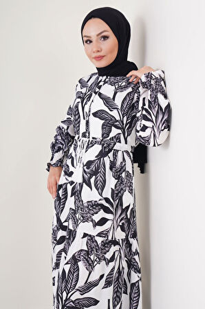 TUA MODA 2145 Desenli Tesettür Elbise - Beyaz