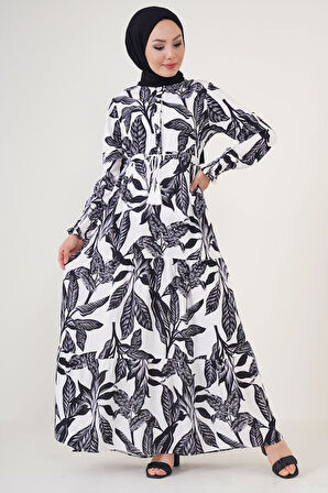 TUA MODA 2145 Desenli Tesettür Elbise - Beyaz