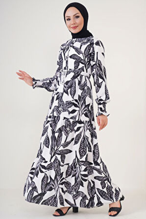 TUA MODA 2145 Desenli Tesettür Elbise - Beyaz