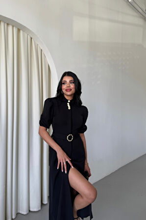 TUA MODA YAKA DÜĞME DETAYLI ELBİSE - Siyah