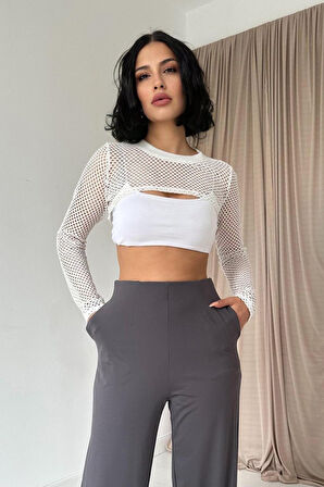TUA MODA Füme Pensli Lastik Detaylı Pantolon