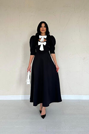 TUA MODA Siyah Ön Dekolteli Fiyonk Garnili Uzun Elbise