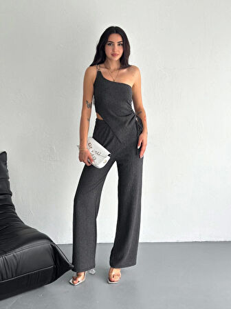 TUA MODA Asimetrik Crop Pantalon Ikili Takım - Füme