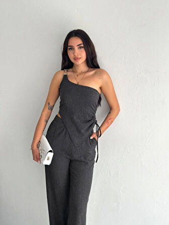 TUA MODA Asimetrik Crop Pantalon Ikili Takım - Füme