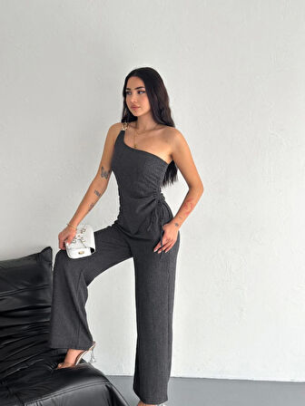 TUA MODA Asimetrik Crop Pantalon Ikili Takım - Füme