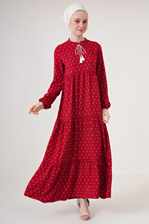 TUA MODA 1627 Yaka Bağcıklı Tesettür Elbise - Bordo