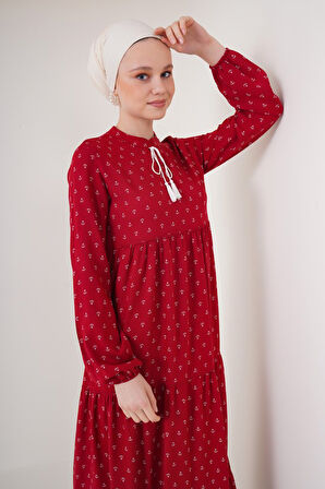 TUA MODA 1627 Yaka Bağcıklı Tesettür Elbise - Bordo
