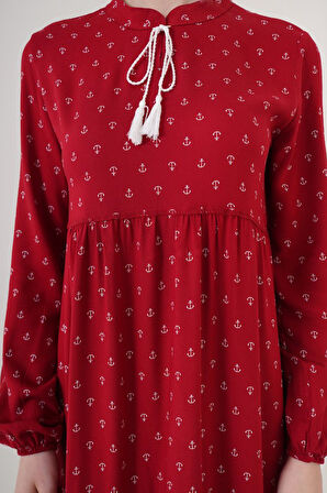 TUA MODA 1627 Yaka Bağcıklı Tesettür Elbise - Bordo