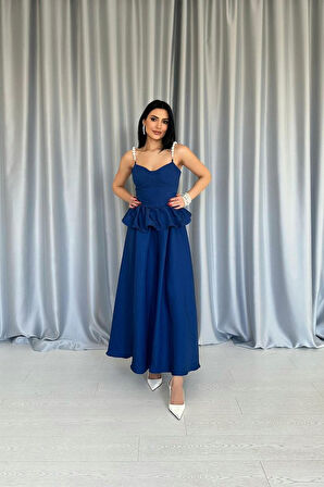 TUA MODA Lacivert Beli Büzgülü İnci Askılı Uzun Elbise