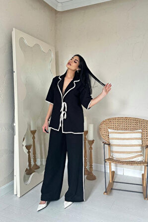 TUA MODA Siyah Biye Detaylı Keten Takım
