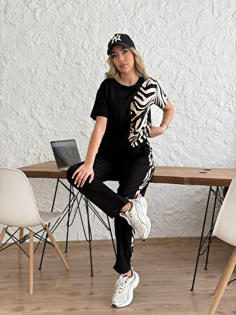 TUA MODA Kadın Bisiklet Yaka Kısa Kol Leopar Desen Bluz Ve Pantolon Ikili Takım