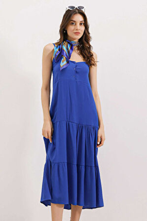 TUA MODA 2403 Askılı Midi Elbise - Saks