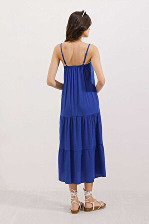 TUA MODA 2403 Askılı Midi Elbise - Saks