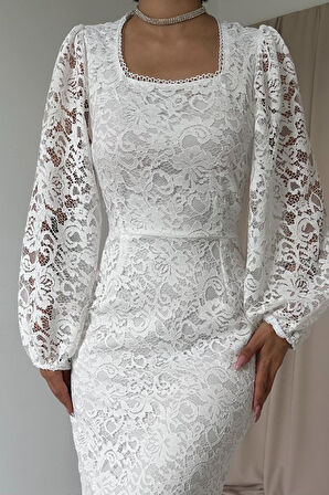 TUA MODA Beyaz Güpür Detaylı Dantel Elbise