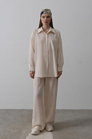 TUA MODA Çizgili Cep Detaylı Oversize Takım - Bej