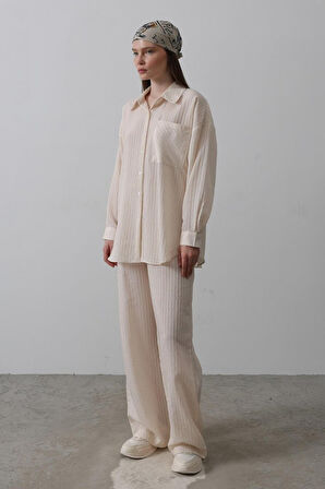 TUA MODA Çizgili Cep Detaylı Oversize Takım - Bej