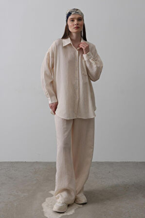 TUA MODA Çizgili Cep Detaylı Oversize Takım - Bej