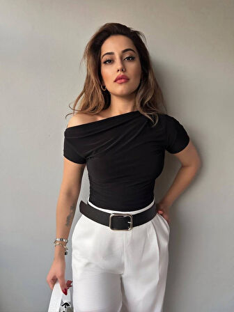 TUA MODA Kadın Sandy Kumaş Düşük Omuz Bluz