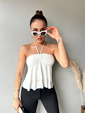 TUA MODA Kadın Halter Bağcık Detay Gloplu Bluz
